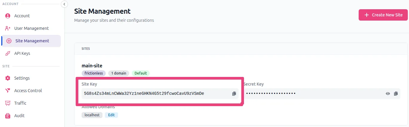obtenga su sitekey desde el Portal de Información del Usuario